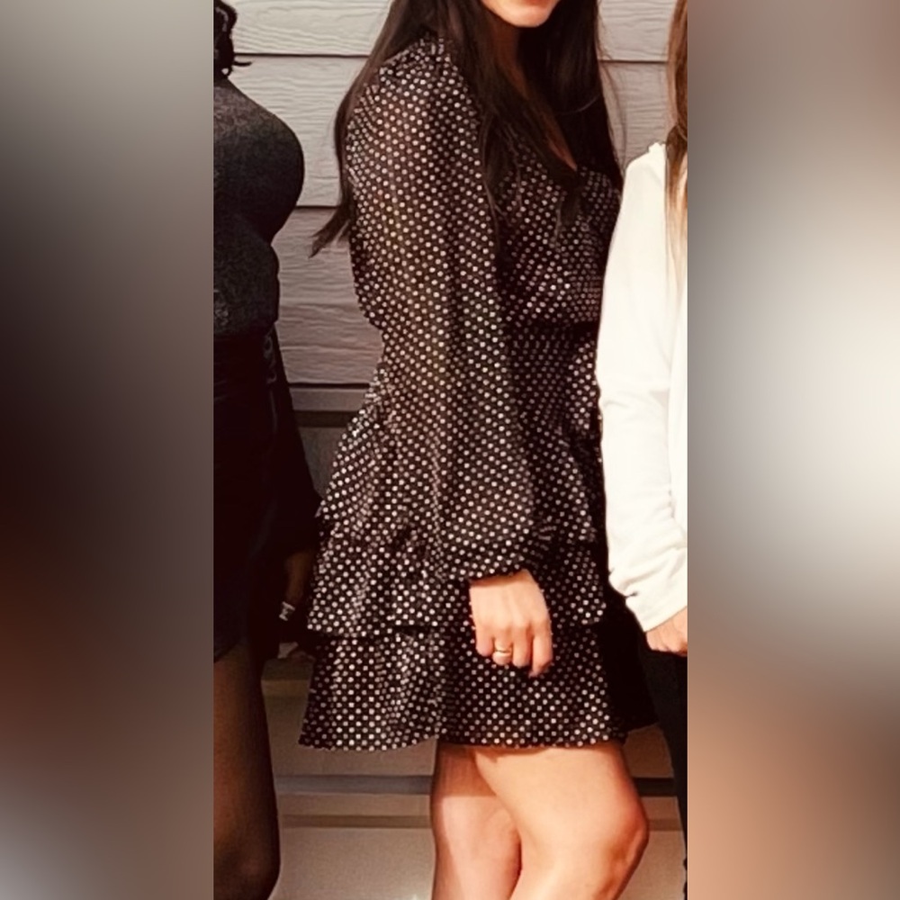 Francesca's Collections Black and White Fit and Flare Dress with Bishop Sleeves